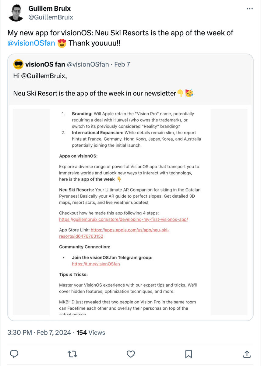 @GuillemBruix visionOS developer app is app of the week in visionOS newsletter