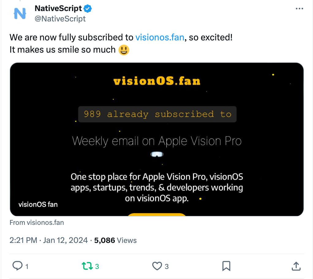 NativeScript Subscribed to visionOS.fan